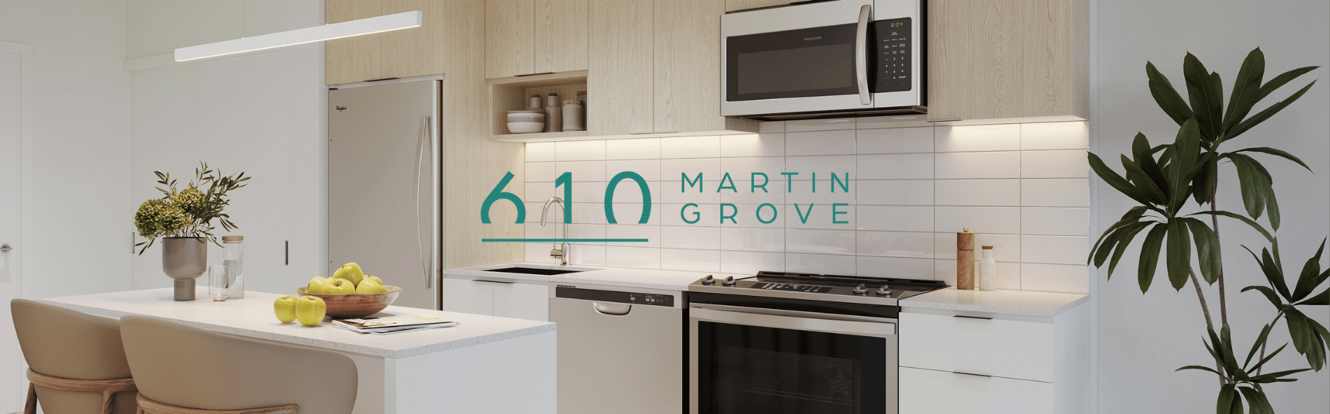 Rendered kitchen image of the brand new one-bedroom suites at 610 Martin Grove.